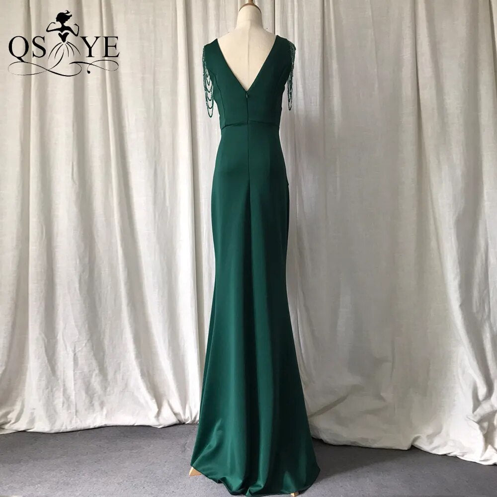 Evening wear Dresses: Emerald Evening Dress V Neck Formal Party Dress