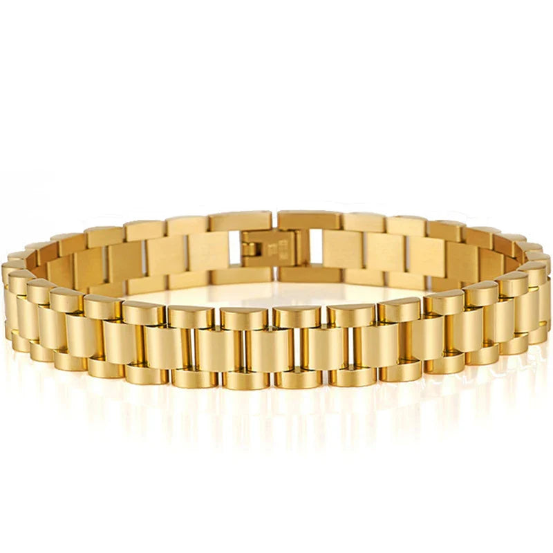 10MM Watchband Style Men's Bracelets For Women Man Ladies Gold Color Stainless Steel Mannen Armband Male Jewelry Accessories New