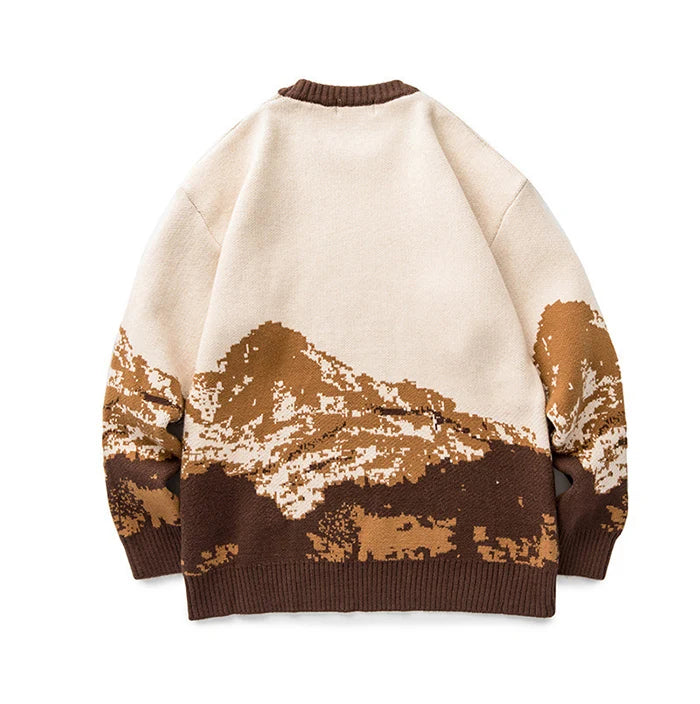 Men Hip Hop Streetwear Harajuku Sweater Vintage Japanese Style Snow Mountain Knitted