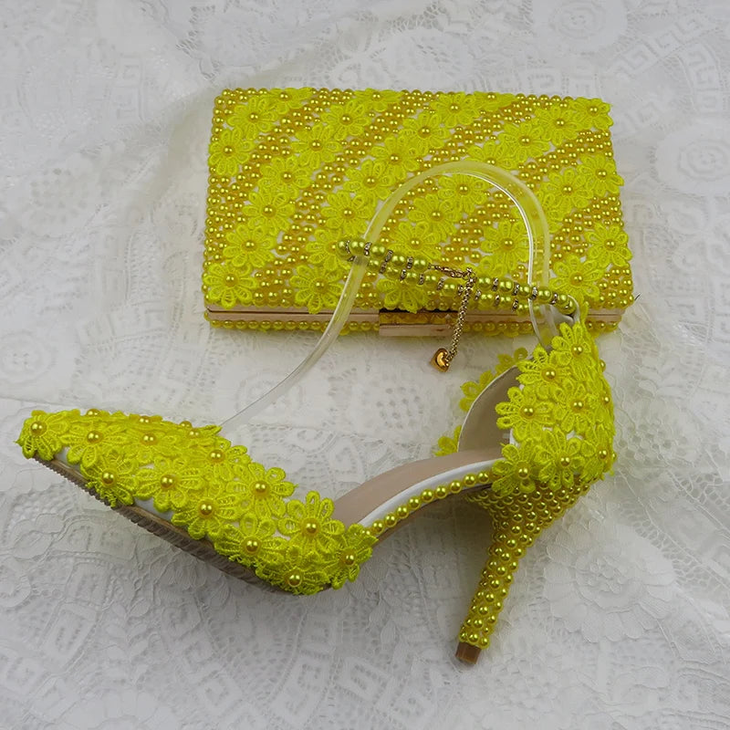 7cm/9cm Yellow Flower Wedding Shoes With Matching Bags High Heels Pointed Toe Ankle Strap Ladies Party shoe and bag set
