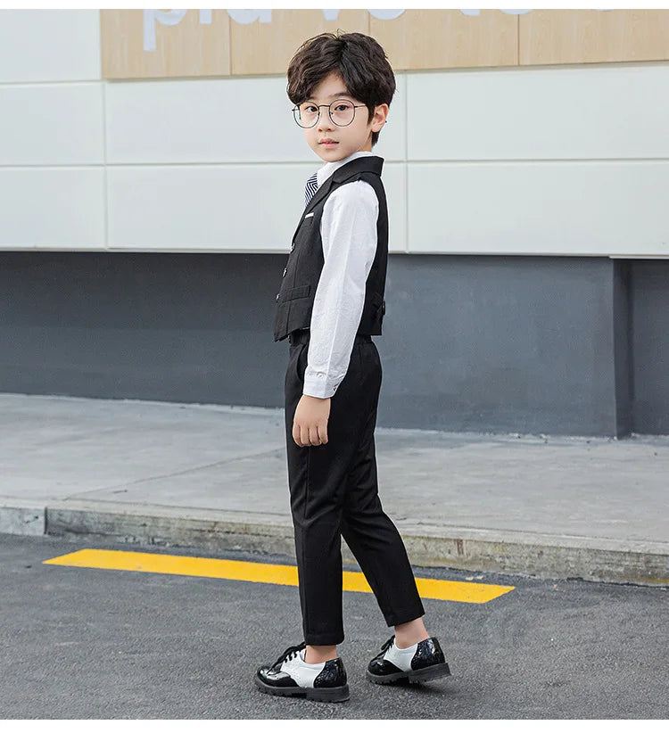 Boy Top Ring Bearer Waistcoat Clothes Set Kids Formal Suits Child Tie Long Sleeve Shirt Vest Trousers Toddler Gentleman Outfits