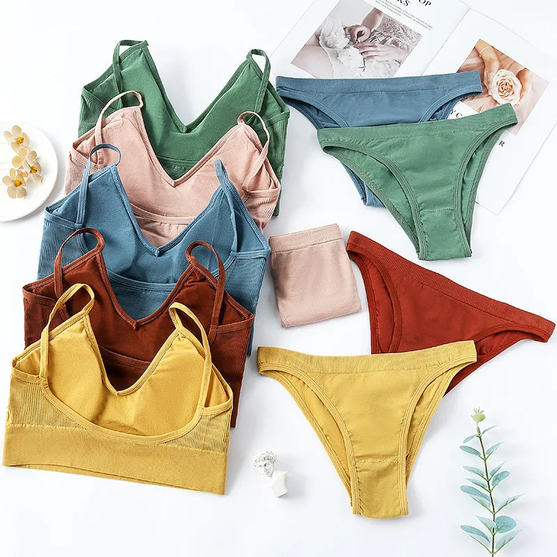 Bra Set Women Underwear Set Bralette Female Lingerie Ribbed Tops