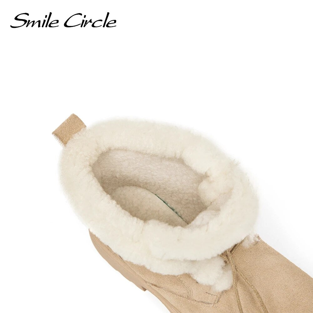 Smile Circle Ankle Boots Women Leather Chunky Boots Natural fur Warm Winter
