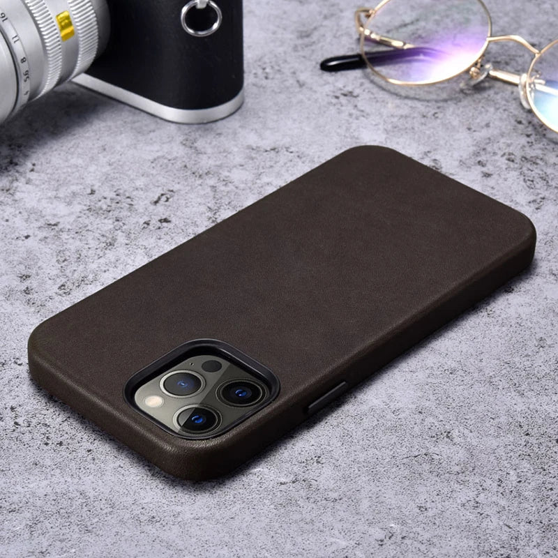 Genuine Leather Case for iPhone 15 Pro Max Business Case for iPhone 14 Pro Max 13 Pro Magnetic Charging Phone Back Cover Men