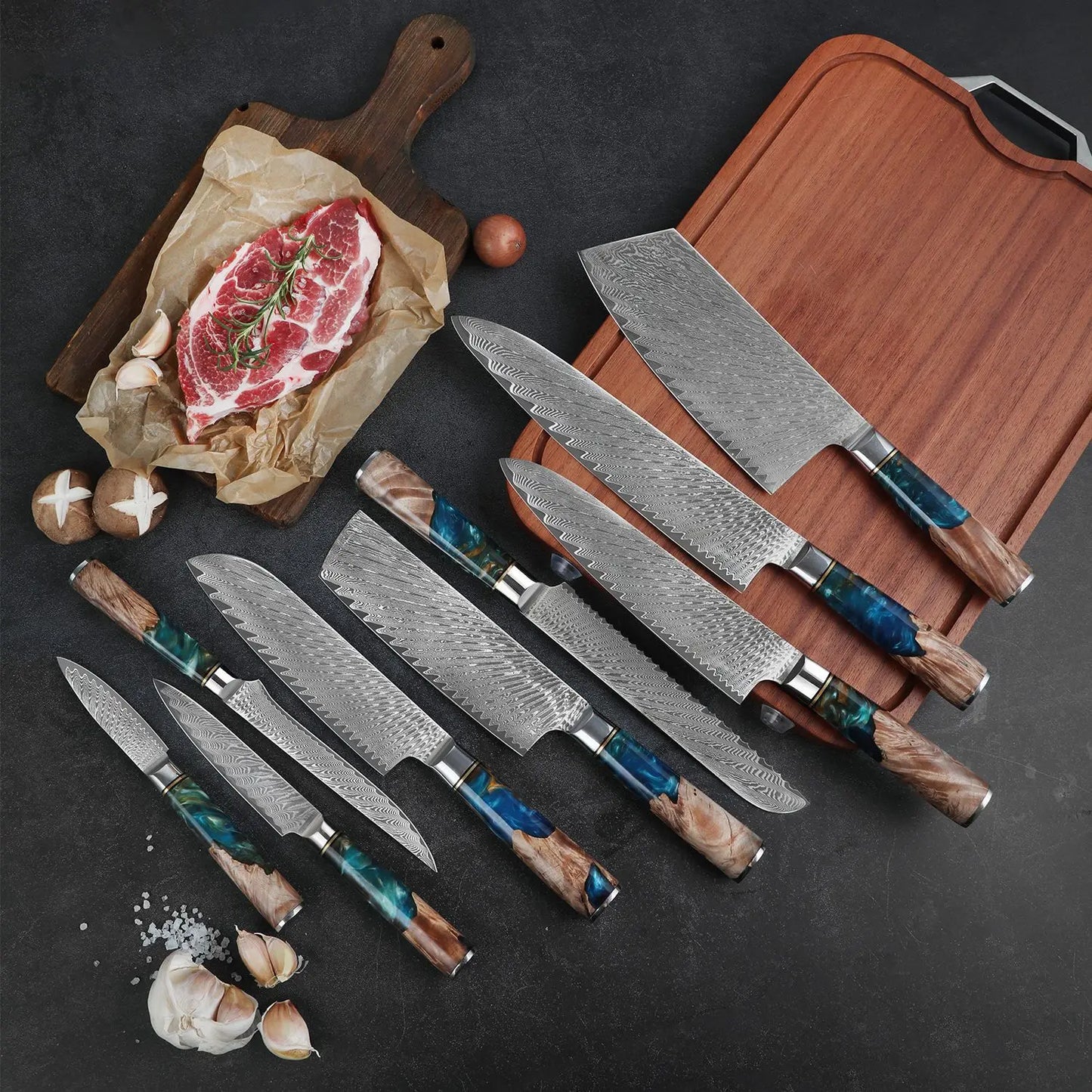Kitchen Knives-Set Damascus Steel VG10 Chef Knife Cleaver Paring Bread Knife Blue