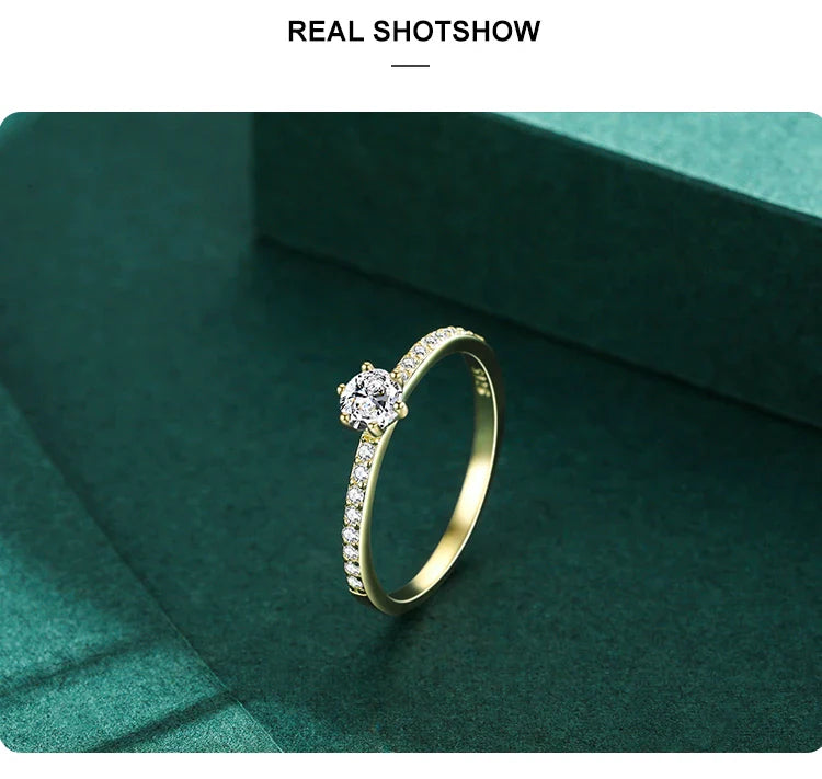 Ailmay Classic 925 Sterling Silver Sparkling Clear Zircon Golden Color Rings For Women Wedding Engagement Fine Female Jewelry
