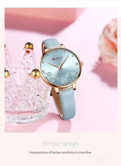 CURREN Watches Women Brand Leather Quartz Wristwatches Luxury Design Clock for Ladies Charm Flowers Dial with box