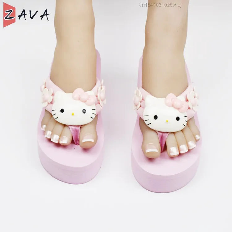 Sanrio Hello Kitty Slippers Y2k Kawaii Cartoon Sandals Fashion Platform Shoes Women Wedge Flip Flop High Heels Slippers Ladies
