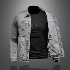Fashion Denim Jacket Men Cotton Turn Down Collar Casual Mens Denim Coat