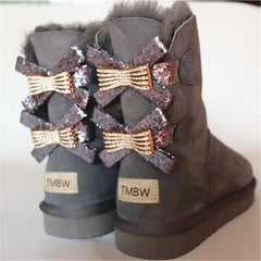 Women Shoes Fashion Two Bows Real Sheepskin Women's Winter Woman Snow Boots