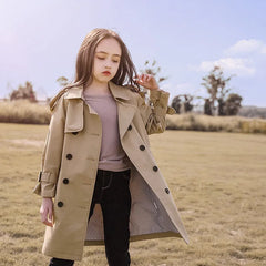 4-13Y Teen Girls Long Trench Coats Fashion England Style Windbreaker Jacket