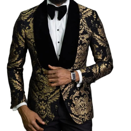 Floral Jacquard Blazer for Men Prom African Fashion Slim Fit with Velvet Shawl