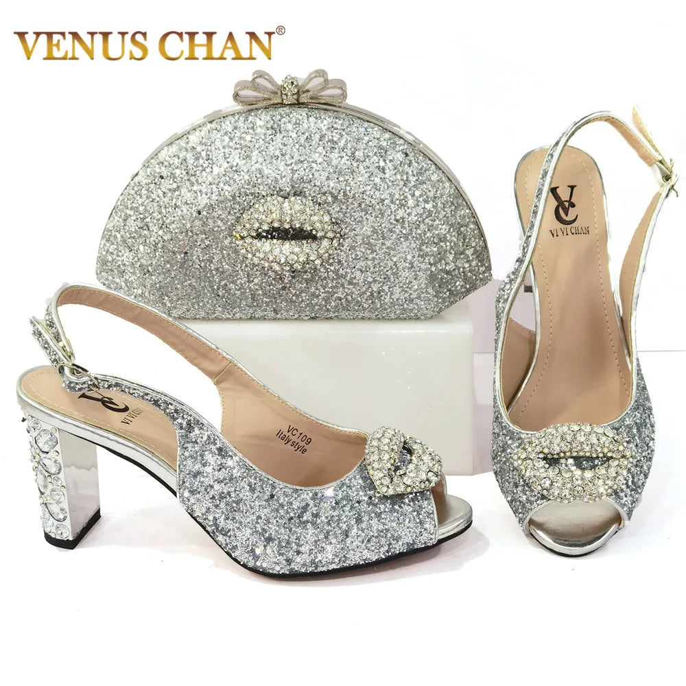 Italian Ladies Pink Color Ladies Shoes and Bags To Match Set Decorated with Rhinestone Nigerian Women Wedding Shoes and Bag Set