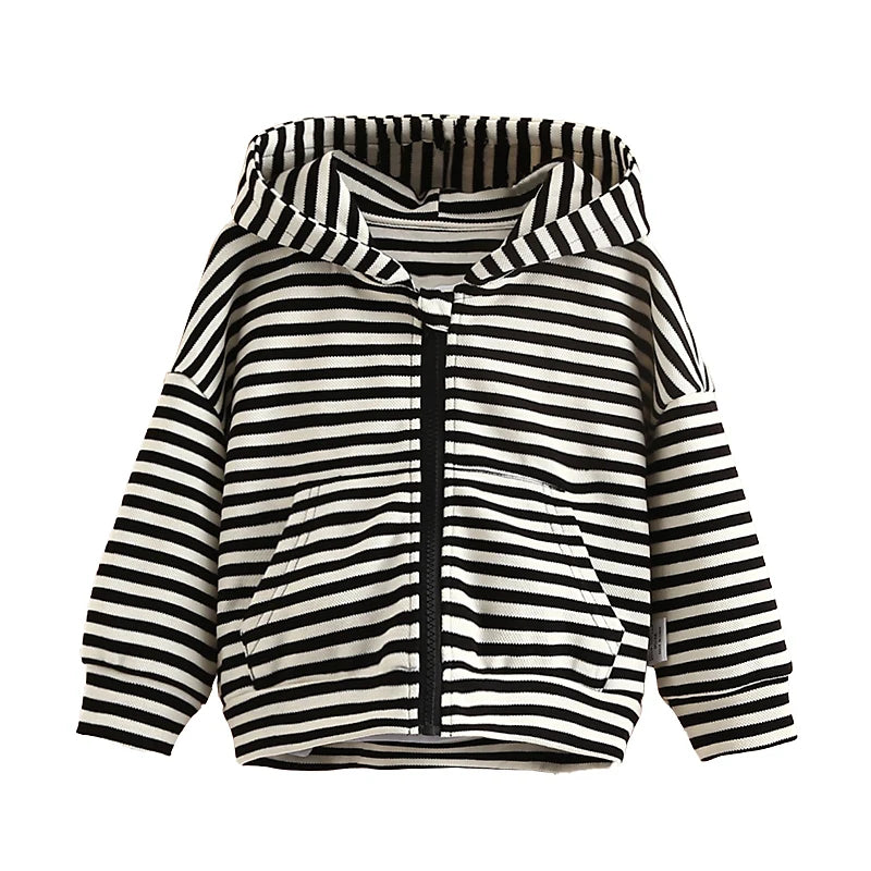 2022 Casual Spring Autumn 2 3 4 6 8 10 12 Years Long Sleeve Children White Black Striped Hooded Zipper Jacket For Kids Baby Girl