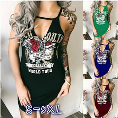 Women Summer Dress Casual V-neck Sling Split Irregular Slim Straight