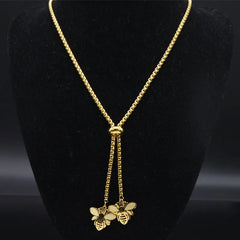 Fashion Bee Stainless Steel Long Necklace for Women Gold Color Statement Necklace