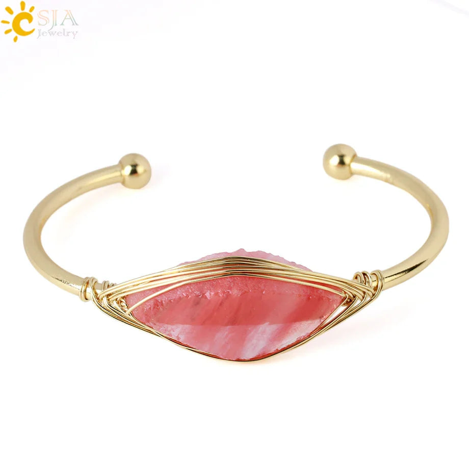 CSJA Gem Stone Open Cuffs Bracelets Crystals Natural Stones Bangles Gold Color Wire Wrap Bracelet for Friend Bijoux Femme G866