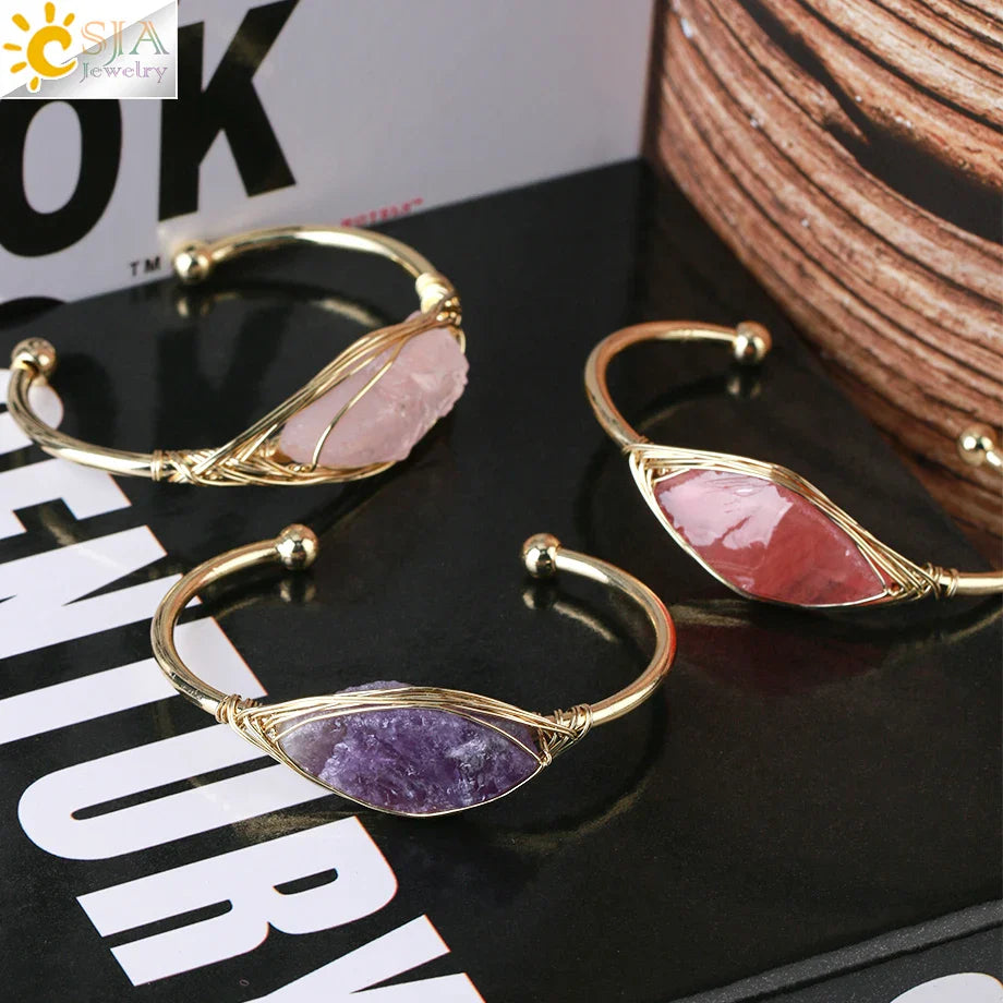 CSJA Gem Stone Open Cuffs Bracelets Crystals Natural Stones Bangles Gold Color Wire Wrap Bracelet for Friend Bijoux Femme G866