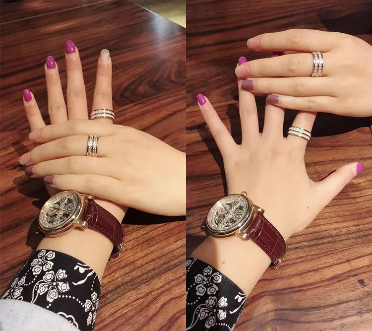 Luxury Rose Gold Color Double Row Square Zircon Stainless Steel Ring For Women