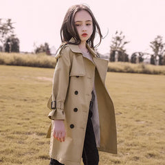 4-13Y Teen Girls Long Trench Coats Fashion England Style Windbreaker Jacket