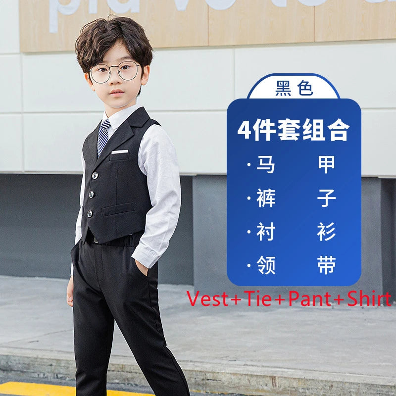 Boy Top Ring Bearer Waistcoat Clothes Set Kids Formal Suits Child Tie Long Sleeve Shirt Vest Trousers Toddler Gentleman Outfits