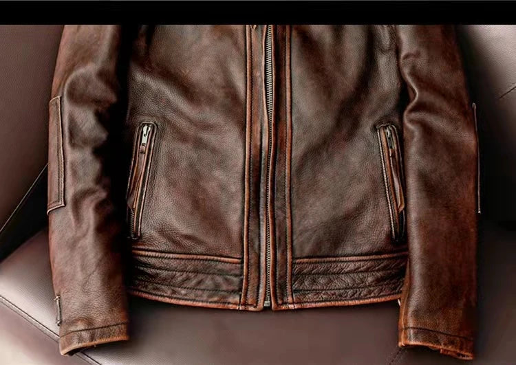 Men Leather Jacket  Swallow Tailed Vintage Motorcycle Top Cowhide Coat