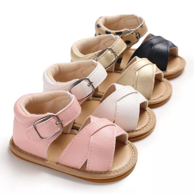 Baby Infant Girl Sandals Princess PU Pull Strap Flat Anti-Slip Rubber Sole