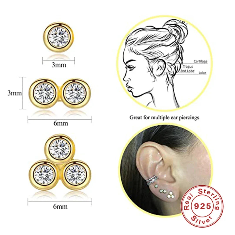 CANNER 3pcs/set Bling Zircon Earring 925 Sterling Silver Cute Mini Heart Star Stud Earrings Ear Bone Earlobe Piercing Jewerly