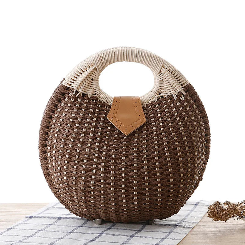 Women's Natural Rattan Handwoven Round Shell Handbag Top-handle Bag