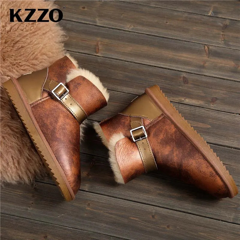 Men Casual Real Leather Winter Snow Boots Natural Wool