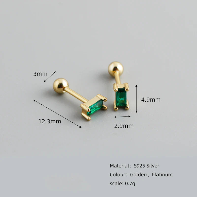 WANTME 925 Sterling Silver Colorful Square Shiny Zircon Beads Piercing Stud Earrings for Women Fashion Gothic Exquisite Jewelry