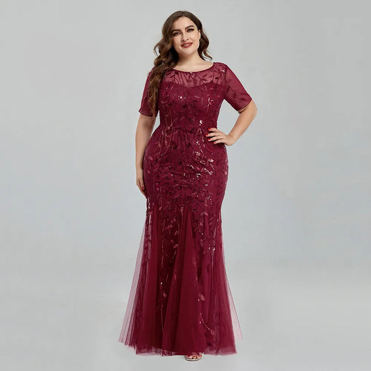 Women Plus Size Sequin Mesh Embroidery Mermaid  Evening Dress