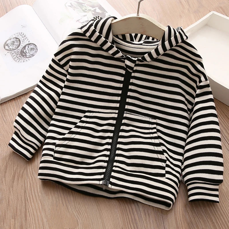 2022 Casual Spring Autumn 2 3 4 6 8 10 12 Years Long Sleeve Children White Black Striped Hooded Zipper Jacket For Kids Baby Girl