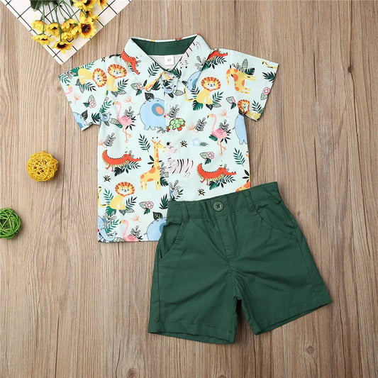 1-5years Kids Boys Clothing Set Fashion Zoo Monkey Tiger Animal Shirt For Boys Tops Green Shorts Set Boys Outfits
