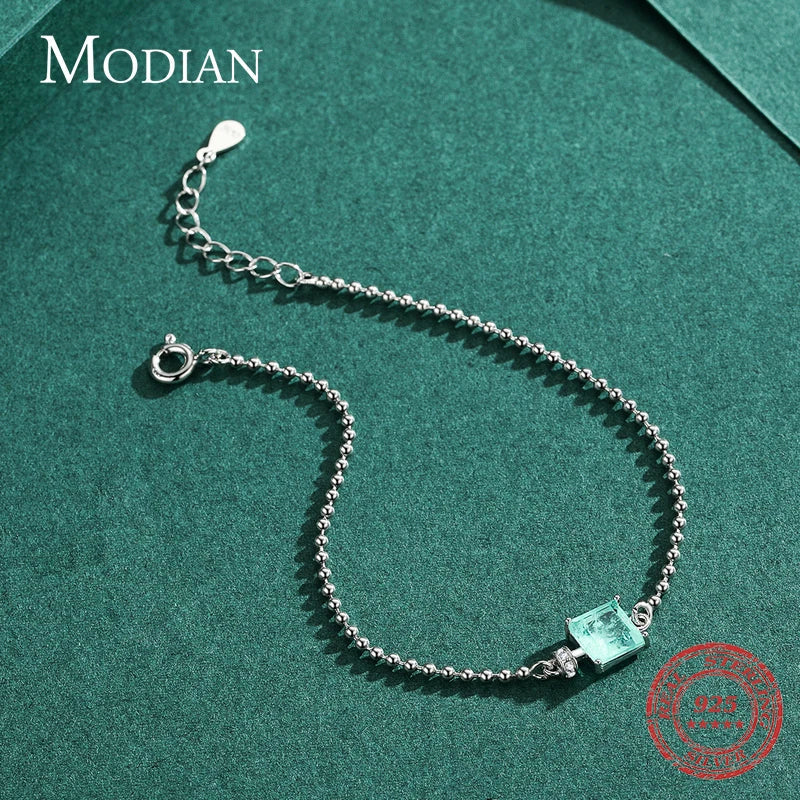 Modian 2021 New Real 925 Sterling Silver Luxury Square Tourmaline Beads Chain Bracelet For Women Paraiba Fine Statement Jewelry
