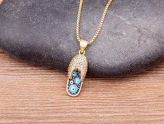 Pave CZ Rhinestone Enamel Slipper Pendant For Women Blue Evil Eye Necklace