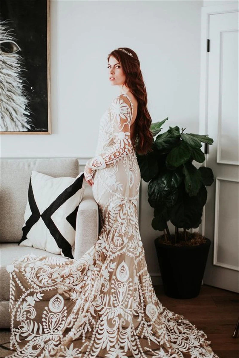 Long Sleeve V Neck Open Back Sweep Train Lace Wedding Dress Bride Gown