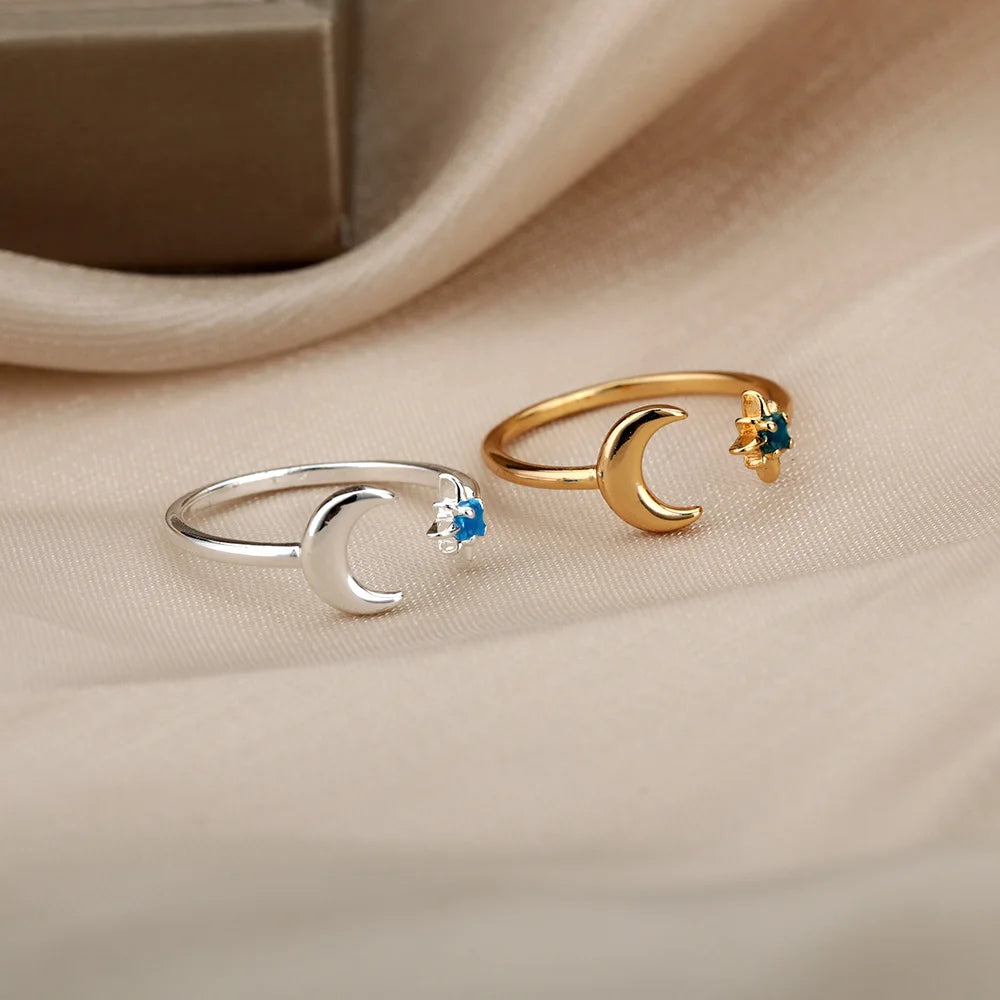 Zircon Moon Star Rings For Women Stainless Steel Glowing Moon Star Adjustable Finger