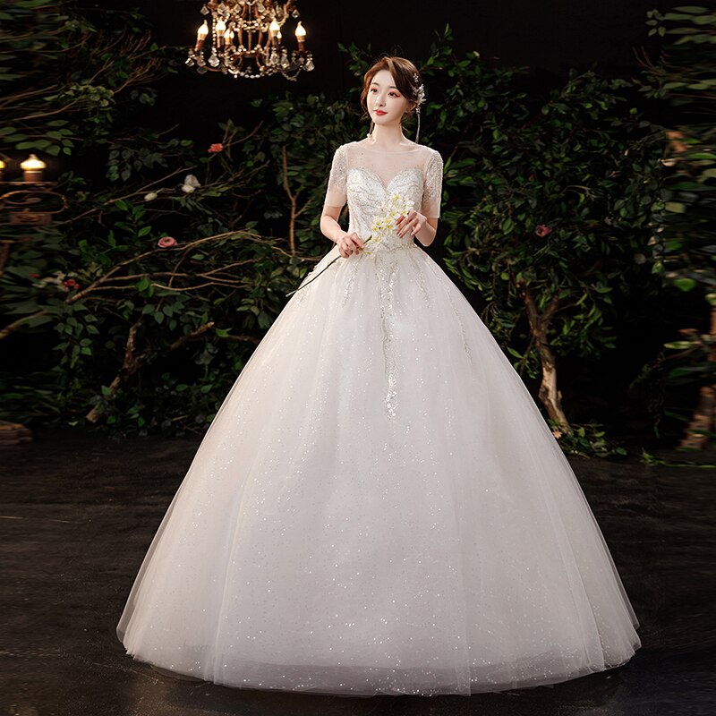 White Bridesmaid Dresses: White Wedding Dress Short Sleeves Sequined marriage