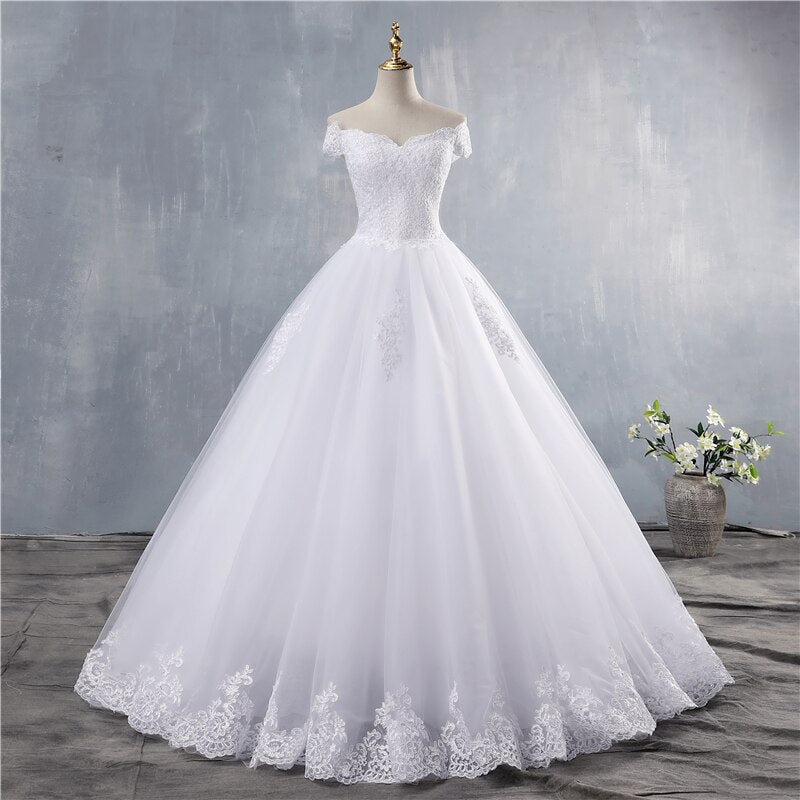White Bridesmaid Dresses: White Ivory Lace Appliques Ball Gown Off The Shoulder