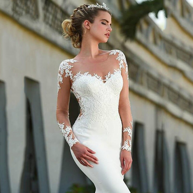 White Bridesmaid Dresses: Wedding Dress Scoop-Neck Full Sleeves Bride Dress Zipper