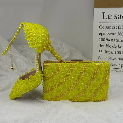 7cm/9cm Yellow Flower Wedding Shoes With Matching Bags High Heels Pointed Toe Ankle Strap Ladies Party shoe and bag set