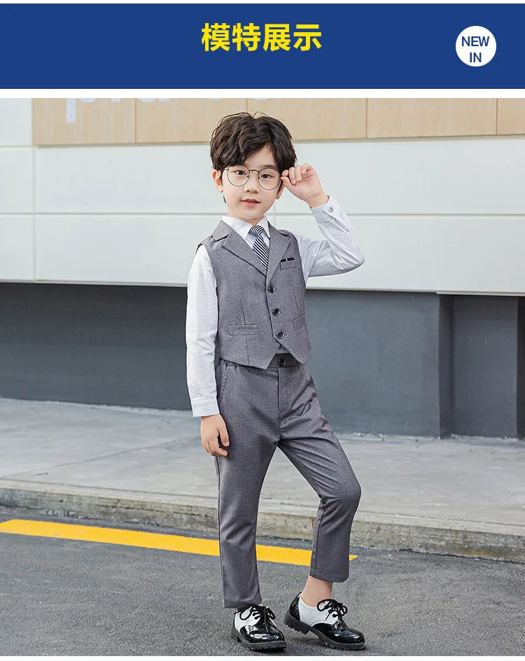 Boy Top Ring Bearer Waistcoat Clothes Set Kids Formal Suits Child Tie Long Sleeve Shirt Vest Trousers Toddler Gentleman Outfits