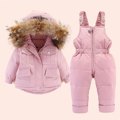 2pcs Set Children Winter Down Jacket and Jumpsuit for Baby Thicken Jacket for Girls Coat Warm Real Fur Collar Boys Snowsuit 0-4Y