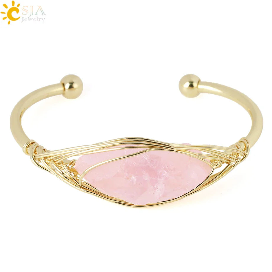 CSJA Gem Stone Open Cuffs Bracelets Crystals Natural Stones Bangles Gold Color Wire Wrap Bracelet for Friend Bijoux Femme G866