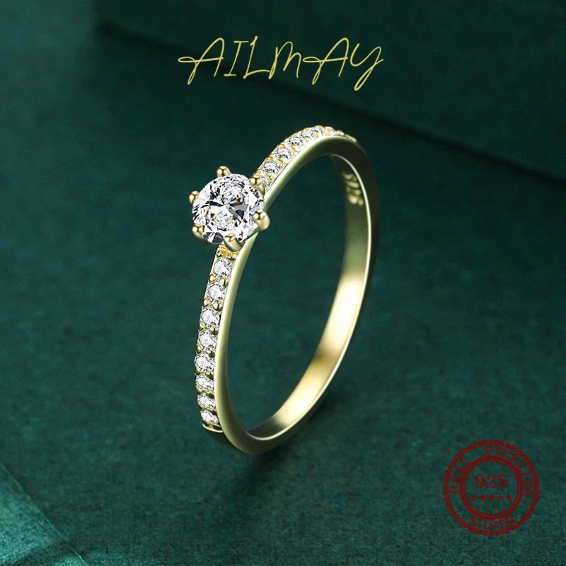 Ailmay Classic 925 Sterling Silver Sparkling Clear Zircon Golden Color Rings For Women Wedding Engagement Fine Female Jewelry