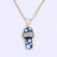 Pave CZ Rhinestone Enamel Slipper Pendant For Women Blue Evil Eye Necklace