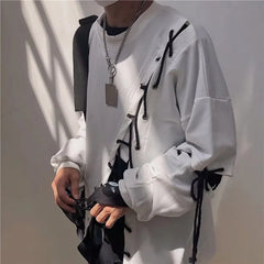 Japanese Fashion Men`s Street Style Lace Hoodie Punk Loose Fit Pullover Designer