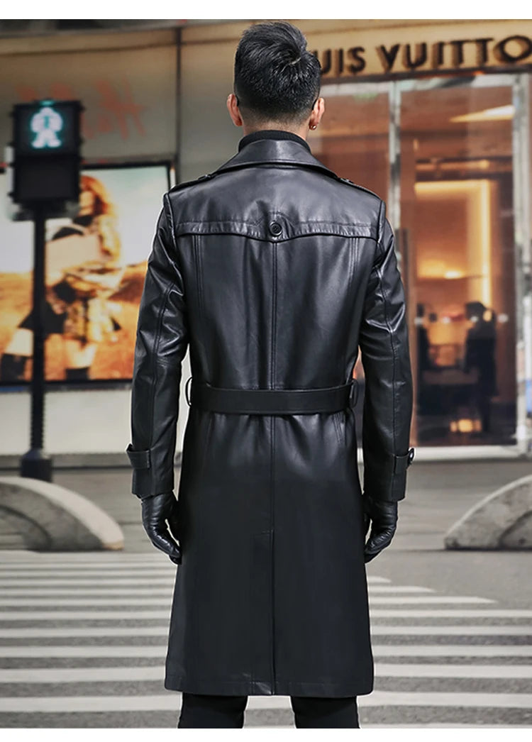 Long Smart Black Waterproof Leather Trench Coat Men Lapel belt Autumn Soft