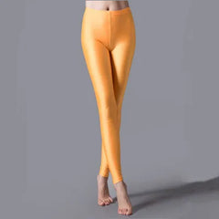 Women Shiny Pants Leggings Solid Color Fluorescent Spandex